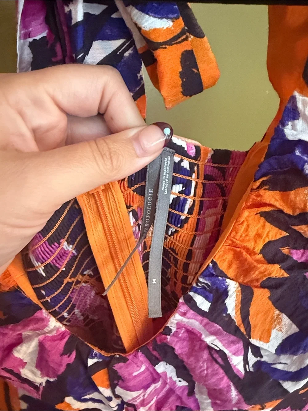 Anthropologie Orange Floral Puff-Sleeve Midi Dress with Pink & Purple Accents